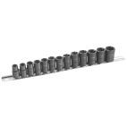 Sockets 3/8 in. Drive Metric 3/8 in., 10 mm, 7/16 in., 11 mm, 1/2 in., 12 mm, 13 mm, 14 mm, 9/16 in., 15 mm, 16 mm, 11/16 in., 17 mm, 3/4 in., 19 mm Black
